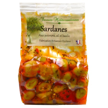 Olives vertes cassées Sardanes : poivrons, ail, basilic - 175 g  (Saveurs Méditerranéennes)