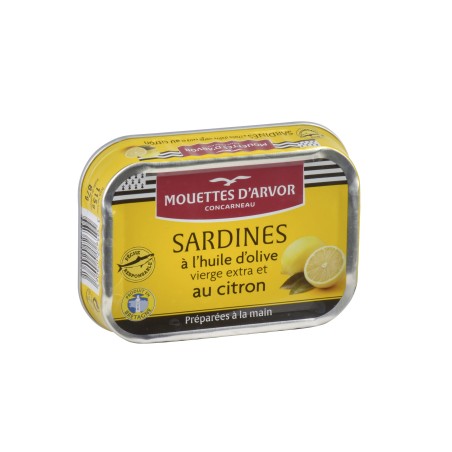 Sardines à l'huile d'olive vierge, citron 1/6 - 115 g (Mouettes d'Arvor)disponible à la Maison Pollet de Toulouse